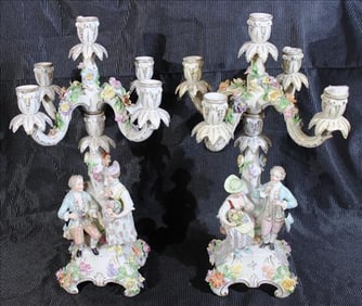 Pair of 3 light Dresden porcelain candelabras