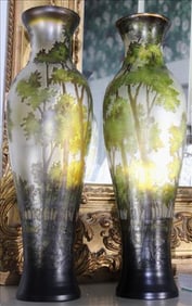 Pair of art glass vases, not signed, 16 in. T.
