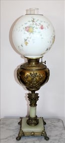 Brass and alabaster lamp with painted flowers, 29 in. T.