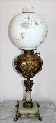 Brass and alabaster lamp with painted flowers, 29 in. T.: Brass and alabaster lamp with hand painted flowers, was oil, 29 in. T.