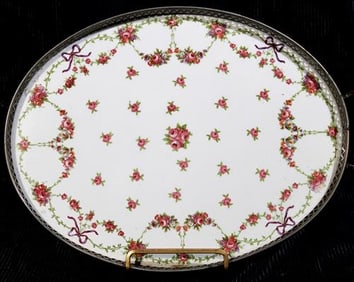 Early dresser porcelain tray with silver-plate handles