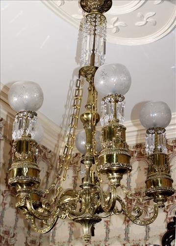 Heavy polished brass 5 light chandelier with prisms, etched shades (1 of 4)