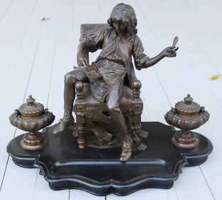Very old bronze on marble double ink well with figure of boy