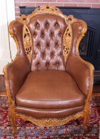 Pair of big French wing back parlor chairs with like new upholstery