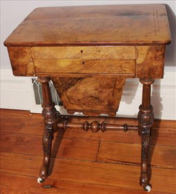 Burl walnut Victorian sewing stand with writing surface