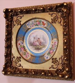 Sevres plate with courting scene in great old Victorian frame, 15 x 15