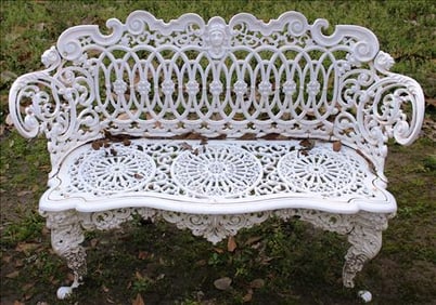 Heavy cast iron garden love seat, painted white, 31 in. T, 44 in. W.