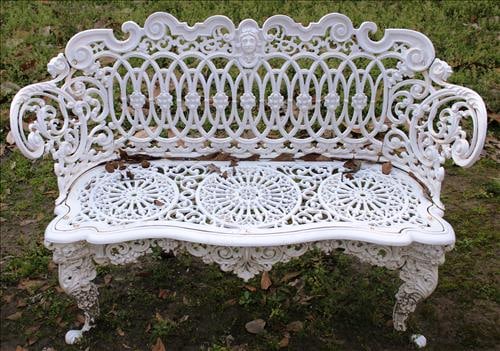 Heavy cast iron garden love seat, painted white, 31 in. T, 44 in. W. (1 of 4)