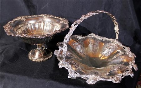 2 pieces of old silver-plate, I basket and 1 fruit bowl