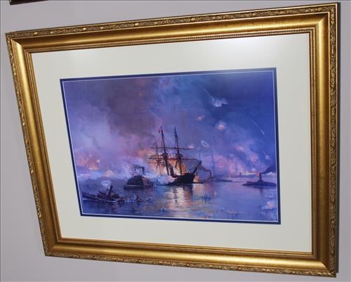 Civil war battle on the MS River with sail boat on fire, 23 in L, 29 in W.: Matted and framed print of Civil war battle on the MS River with sail boat fire, 23 in L, 29 in W.