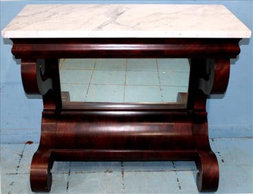 Mahogany empire pier table with thick white marble top