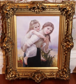 Oil on canvas of young woman carrying young girl on her back