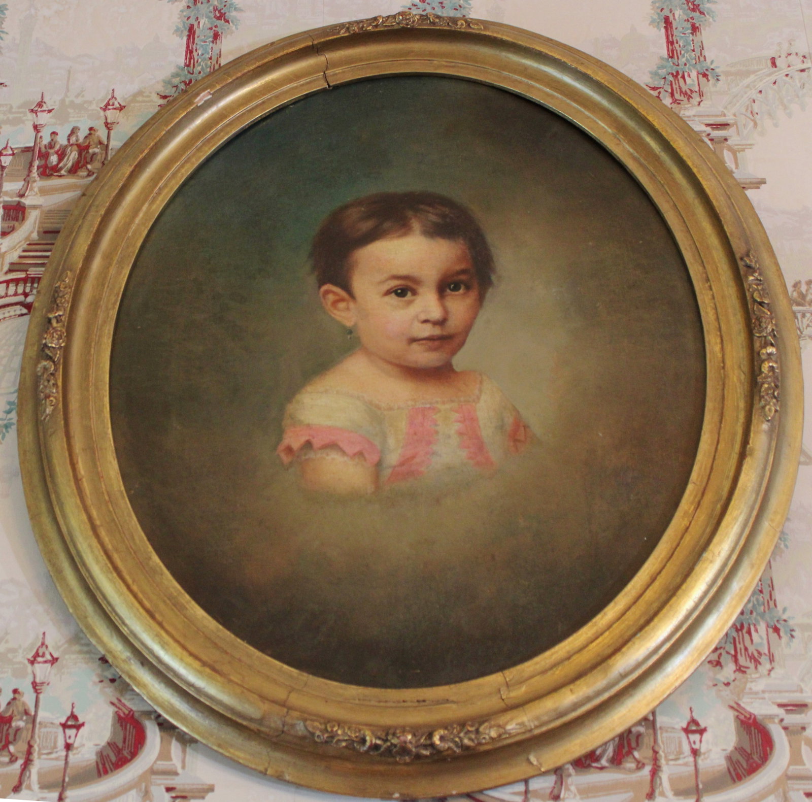 Oval frame with oil on can vas portrait of young girl, 28 x 26: Oval frame with oil on canvas portrait of young girl in Pink dress, 28 in. T, 26 in. W, in good condition