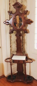 Walnut Victorian small hall tree with white marble top