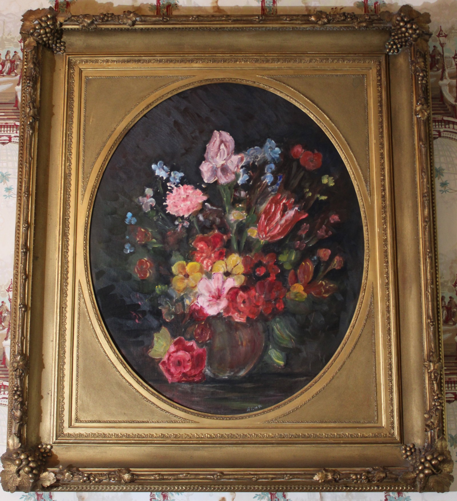Oil on canvas of flowers in a great old gold gilded frame, 39 x 24: Oil on canvas of flowers in a great old gold gilded frame with grapes, 39 in. T, 34 in. W, very old in good condition