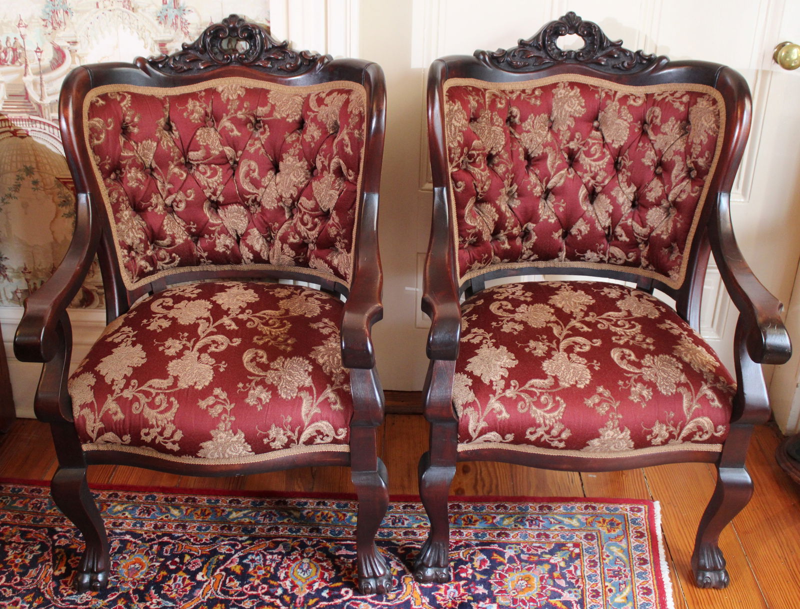 Pair of mahogany empire style arm parlor chairs with claw feet (1 of 4)