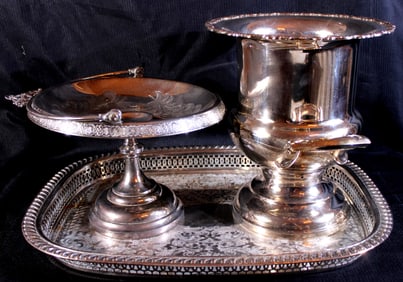 Silver-plate deal, wine cooler, tray and card receiver