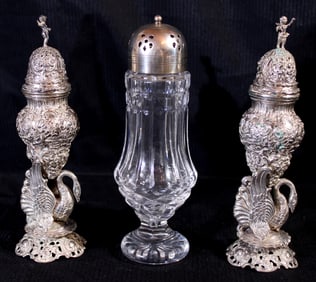 Sugar shaker with sterling lid and swan salt and pepper