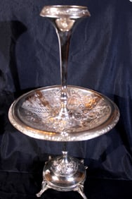 Silver-plate Victorian serving stand, 19 in. T, 10 in. W.