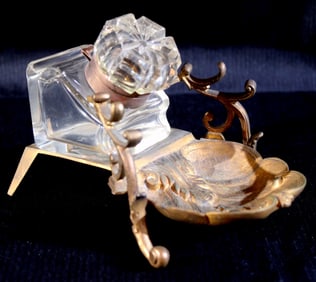 Brass ink well in shell form with glass ink holder, 4 in. T, 6 in. L.