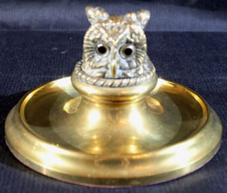 Brass ink well with owl head that opens up for ink, 4 in. T, 7 in. R.