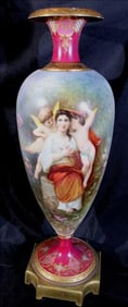 Tall Victorian vase with hand painted lady in garden with 2 cherubs
