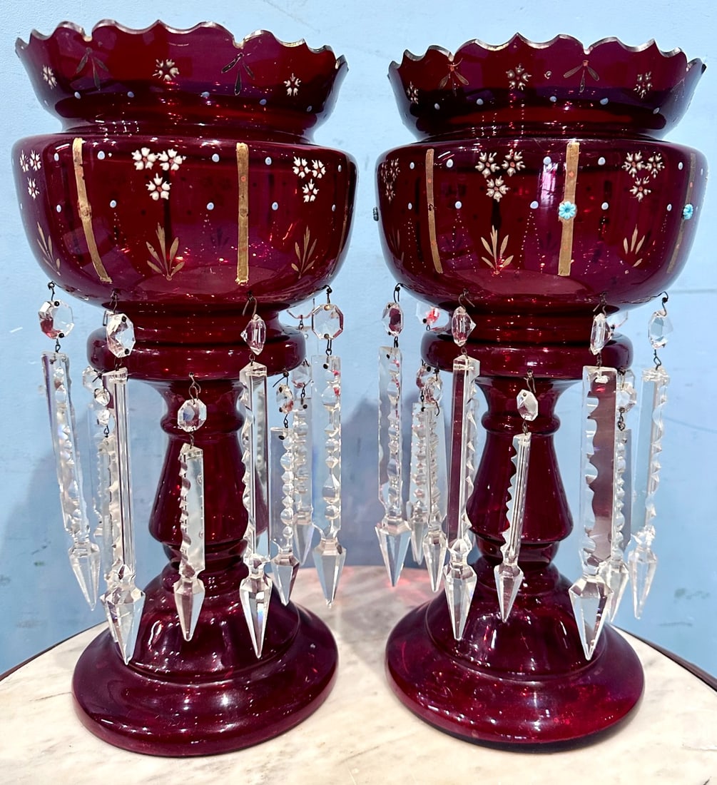 Pair of ruby red mantle lusters with cut prisms, great condition: Pair of ruby red mantle lusters with cut prisms in great condition14 in. T, 7 in. W.