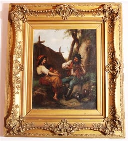 Oil on canvas of European family playing music in gold Vict. frame