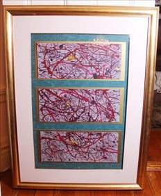 Large abstract painting in red, grey and green, matted and framed
