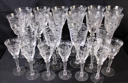 24 pieces of Fostoria crystal stemware in Navarre pattern , 12 tall stems, 8 Sm., 4 Sm.