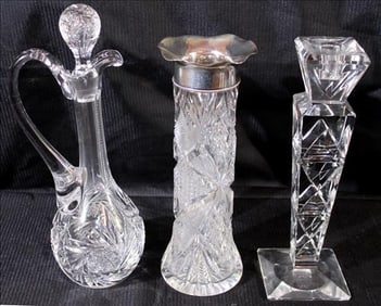 3 pieces, wind glass decanter, cut vase with sterling top, candlestick