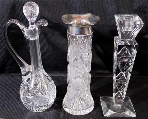 3 pieces, wind glass decanter, cut vase with sterling top, candlestick (1 of 2)