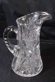 Heavy cut glass pitcher with applied handle, 11 in. T, 6 in. W.