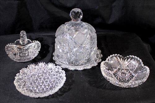4 pieces of cut glass, cheese dish, nappy and 2 small trays (1 of 5)