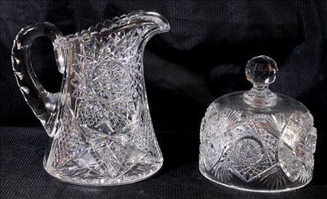 2 pieces of old cut glass, pitcher with crack in handle, cheese cover