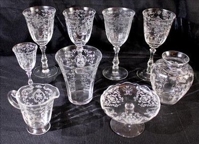 9 pieces of Fostoria Stemware in Navarre pattern, 5 stems, vase, mint stand and creamer