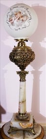 Heavy alabaster and bronze banquet lamp with great shade, 38 in. T.