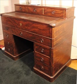 Early mahogany block front secretary desk with 15 drawers