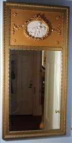 Beautiful gold hanging French mirror with porcelain plaque, 59 x 29