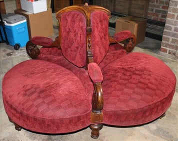 Walnut Victorian triple sided hotel sofa with burgundy upholstery