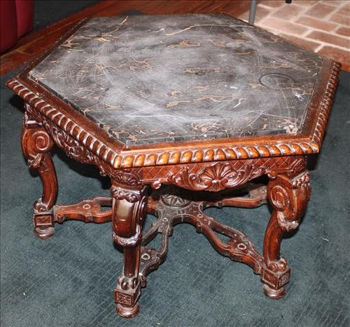 Mahogany octagon shape coffee table with black and gold marble (1 of 3)