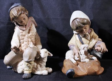 2 Llardo figurines, boy with sheep and butterfly, girl with lamb
