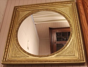 Victorian gold gilded square mirror with round glass, 39 x 39