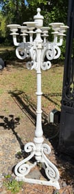 Heavy cast iron garden candelabras painted white, 7 ft. 7 in. T.