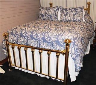 Queen size brass bed with mattress and all pillows, bed linens