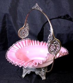 Pink Victorian brides basket with fluted case glass bowl