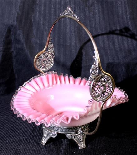 Pink Victorian brides basket with fluted case glass bowl: Pink Victorian brides basket with fluted case glass bowl