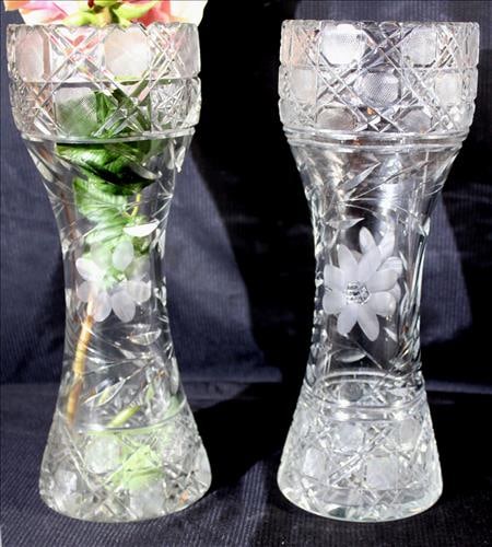 Pair of matching wheel cut glass flower vases, 14 in. T, 5 in. W. (1 of 2)