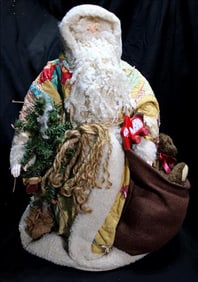 Hand made St. Nick with old quilt coat and bag of toys, one of a kind