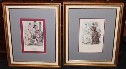 2 old Victorian prints of Antebellum fashion in gold frames